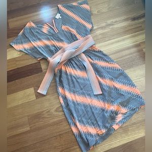 Orange and Gray Geometrical Dress with Rope Belt